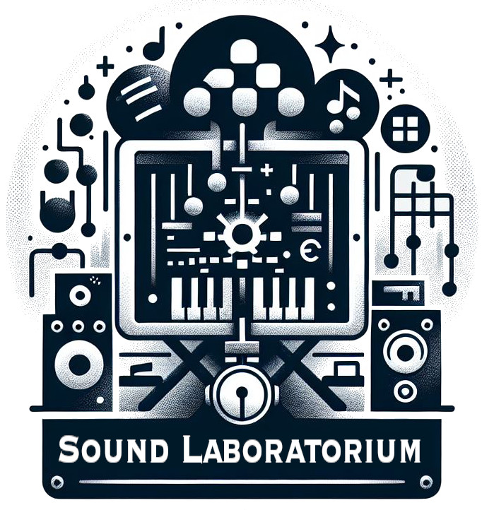 Soundlaboratorium Logo mit Tablett, Klaviatur, Schlagzeug Logo und Lautsprecher.