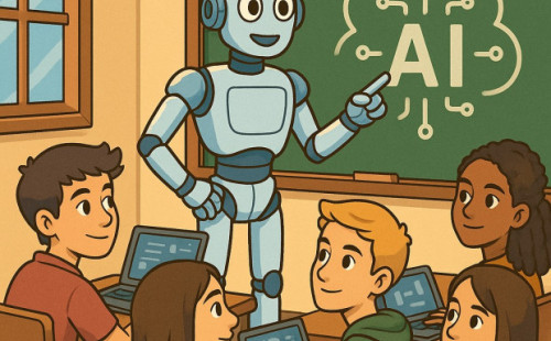 Ein humanoider Roboter steht vor einer Tafel, an der "AI" steht und weist mit dem Finger auf das Wort. Vor ihm sitzen an Tischen 3 Schülerinnen und 2 Schüler, die lächeln. Die beiden Schüler und eine Schülerin sitzen vor eöffneten Laptops.