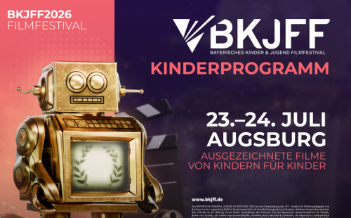 Flyer mit Informationen zum Kinderprogramm des Bayerischen Kinder- und Jugendfilmfestivals am 23. und 24.Juli in Augsburg