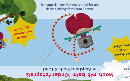 Flyer zum Kinderfotopreis  zum Thema "drunter und drüber" mit den Informationen zum Einsendeschluss am 18. September 2026 und zur Preisverleihung am 14. November.